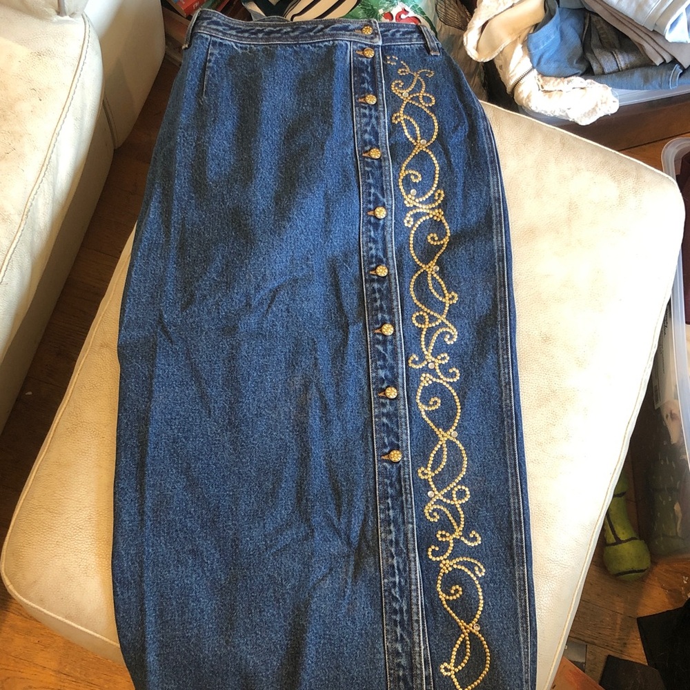 Vintage blue denim midi skirt with gold button front - Picture 1 of 6